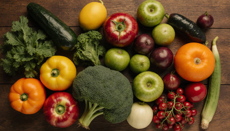 Composition with variety of raw organic vegetables on wooden table, top viewの素材
