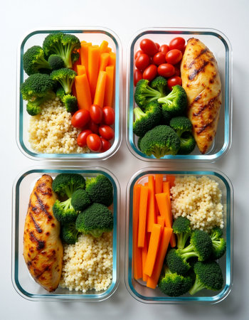 Healthy meal prep containers with couscous, vegetables and chicken breastの素材