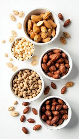 Assortment of nuts in bowls on white background, top view.の素材