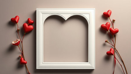 Valentine's day frame with red hearts and flowers on a gray backgroundの素材