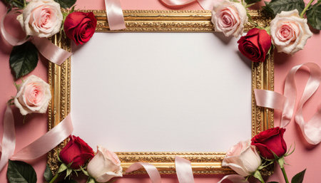 Frame with roses and ribbons on pink background, top view. Space for textの素材