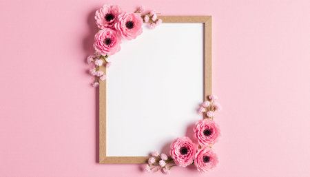 Flowers composition. Frame made of flowers on pastel pink background. Flat lay, top view, copy spaceの素材