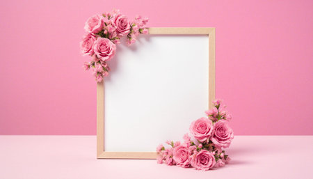 Frame with pink flowers on a pink background. Place for text.の素材