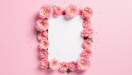 Frame made of pink roses on pink background. Flat lay, top viewの素材