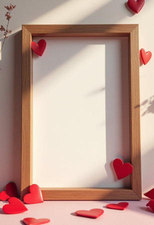 Wooden frame with red hearts on pink wall. Mock up, 3D Renderingの素材