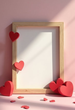 Wooden frame with red hearts on pink background. Valentine's day concept.の素材