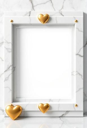 White frame with gold hearts on white marble background. 3d renderの素材