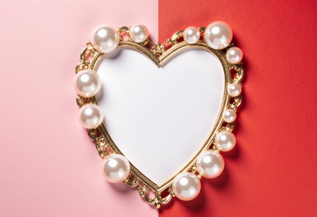 White pearls on a pink background with a frame in the shape of a heartの素材