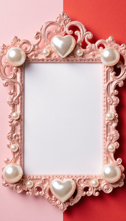Vintage frame with pearls and white hearts on pink and red backgroundの素材