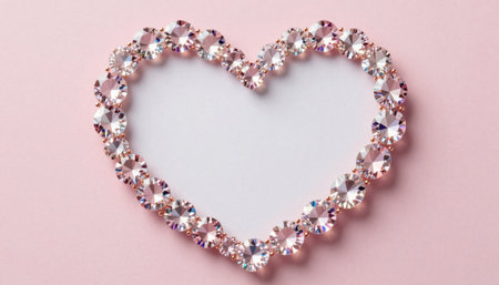 Heart shape made of precious stones on pink background. Flat lay, top viewの素材