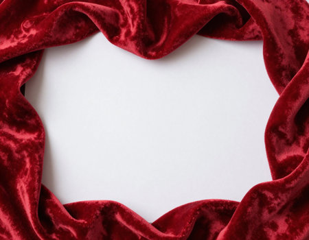 Frame made of red velvet fabric on white background. Top view.の素材