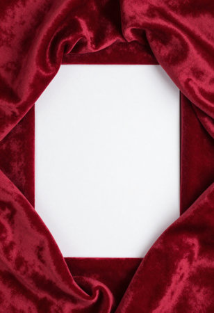 Blank white card on red velvet background with copy space for textの素材