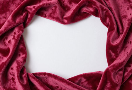 Red velvet fabric on white background with copy space. Top view.の素材