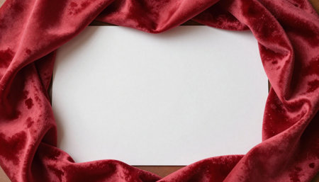 Blank white card on red velvet background. Mockup for designの素材