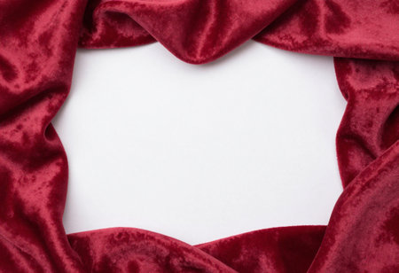 Red velvet fabric background with copy space for your text. Top view.の素材
