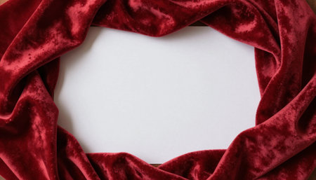 Red velvet fabric on white background with copy space. Top view.の素材