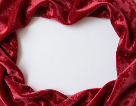 Red velvet frame on white background. Top view. Copy space.の素材