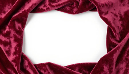 Red velvet fabric isolated on white background. Top view with copy spaceの素材