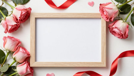 Valentine's day background. Frame and rose flowers on white backgroundの素材
