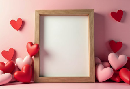 Wooden frame with red hearts on pink background. Valentine's day concept. 3D Renderingの素材