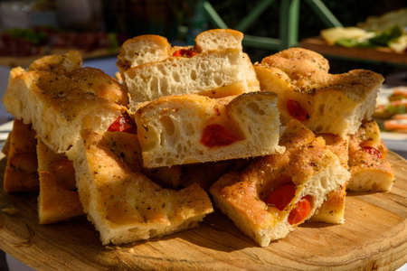 Focaccia bread with tomato.の写真素材