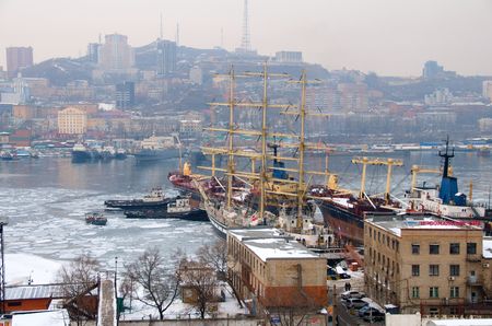 Port of Vladivostok. Golden Horn Bay. Frigate Hope for repair.のeditorial素材
