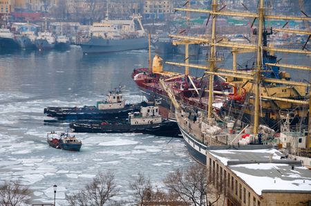 Port of Vladivostok. Golden Horn Bay. Frigate Hope for repair.のeditorial素材