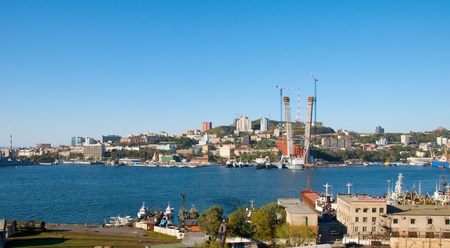 Construction of a unique podvisnogo Bridge across Golden Horn Bay.のeditorial素材