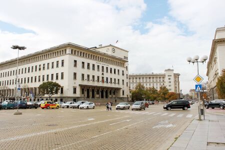 SOFIA, BULGARIA - CIRCA OCTOBER 2013 - Bulgarian National Bank building and the street in the center of Sofia, the capital of Bulgaria.のeditorial素材