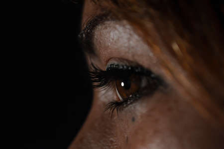 Close up of a woman's eyes with long eyelashes on a black background