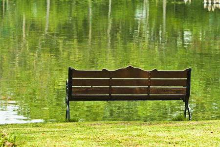 Bench over green lake in the parkの写真素材