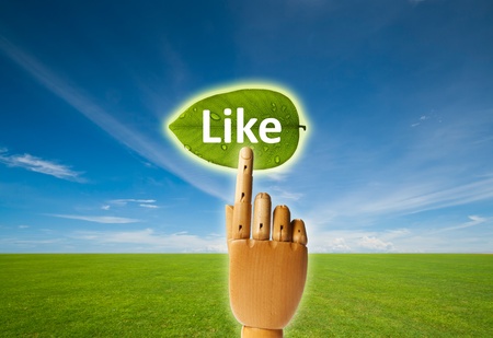 Saved green with touch screen, wooden hand pressing leaf buttonの写真素材