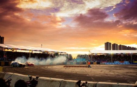 NONTHABURI THAILAND-JUNE 30 : Wide angle view of drifting track with beautiful twiligt sky as background in D1 Grand Prix Series Thailand Professional Drift on June 30, 2013 in Nonthaburi, Thailand.のeditorial素材
