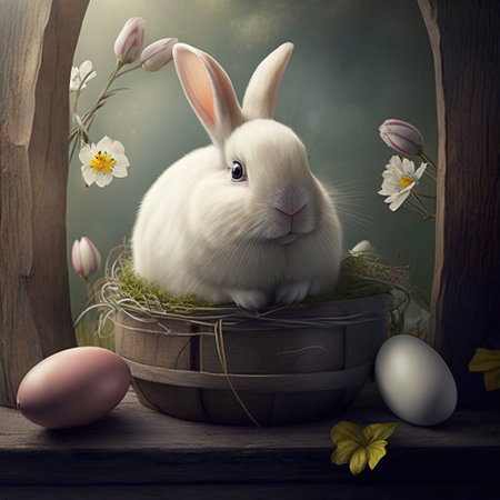 Easter bunny with eggs and spring flowers in a basket on wooden background. Generative AI.