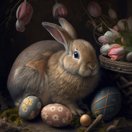 Easter bunny with Easter eggs and tulips on a dark background. Generative AI.の写真素材