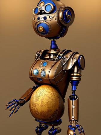 Robot with a golden easter eggs. Digital art AI generative.の写真素材
