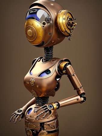 Digital art AI generative of a female robot isolated on a brown background.の写真素材