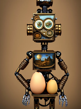 robot with eggs on a beige background. Digital art AI generative.の写真素材