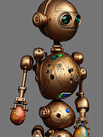 Cute robot with green eyes. Digital art. AI generative.の写真素材