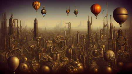 Abstract 3d illustration of steampunk city with hot air balloons.の写真素材