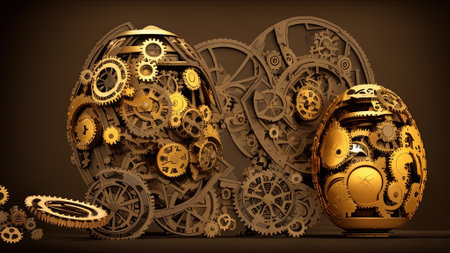 Easter Eggs creative concept applied art, the old bizarre metal easter eggs collectibles, setting up on table as steampunk style, chiaroscuro light. AI generative.の写真素材