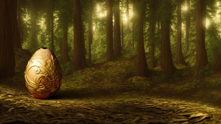 Creative concept applied art surrealistic easter eggs in alpine forest as steampunk style. AI generativeの写真素材