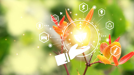 Ecology concept with green leaves and icons on bokeh background