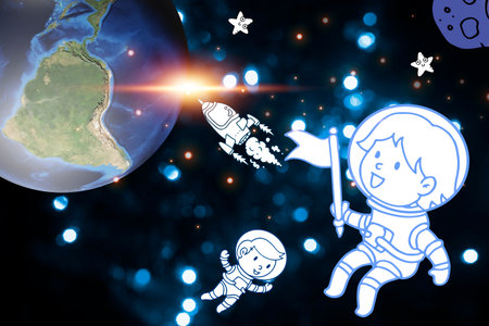 Cute little girl in astronaut costume flying on a rocket with Earth planet.の写真素材