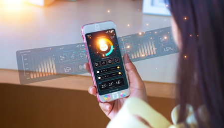 Businesswoman using mobile phone with financial charts and graphs on the screen. Voice Control in...