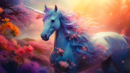 Unicorn with flowers. Fantasy fantasy. 3D rendering.の素材