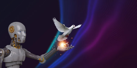 Robot and pigeon concept representing freedom technology; blending artificial intelligence and nature to showcase the potential of autonomous, innovative robotic systemsの写真素材