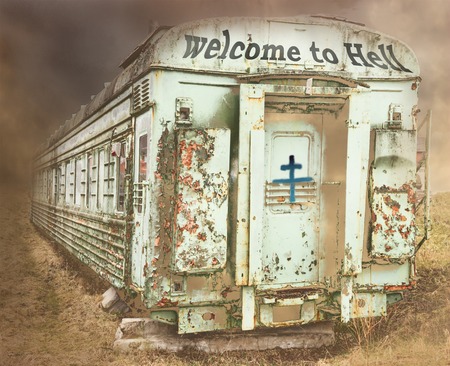 Old and rusty car. The sky is dark. On the door a cross or without it
