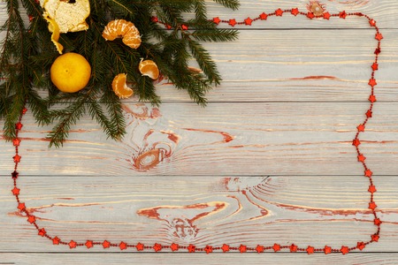Christmas composition. Christmas pattern with tangerines, pine branch, anise star. Flat lay, top...