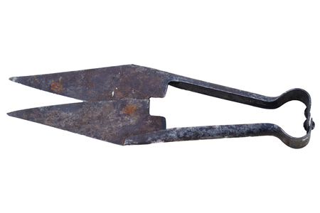 Traditional vintage scissors with scissors. on wooden background. isolate on white backgroundの写真素材